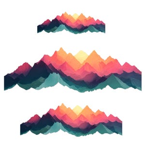 Puede incluir: Arte abstracto de cordilleras en tonos turquesa, rosa, naranja y amarillo. La imagen presenta tres cordilleras estilizadas, cada una con un degradado de color único, sobre un fondo blanco. El diseño evoca una sensación de naturaleza y paisaje.