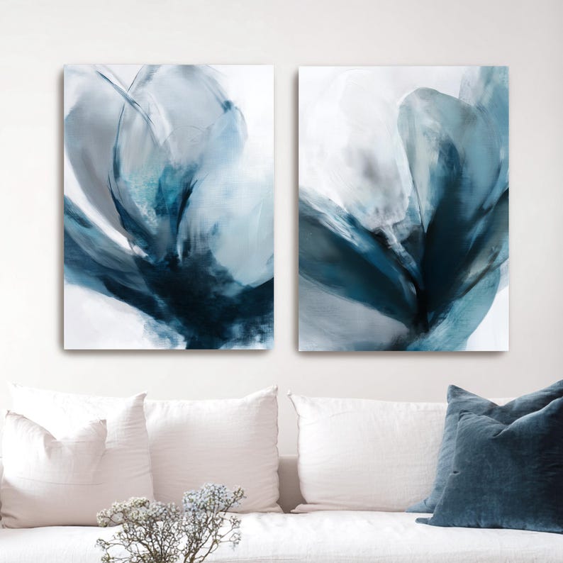 Abstract Blue Floral Wall Art Set of 2, Moody Botanical Canvas Prints ...
