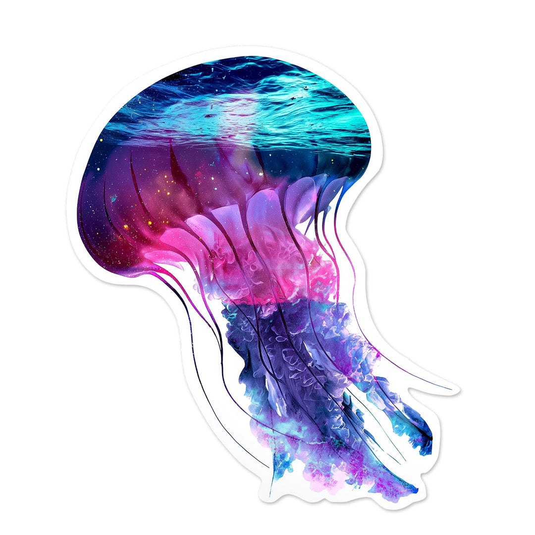 Jellyfish Sticker | Ocean Waves and Night Sky Vinyl Decal | Cosmic Sea ...