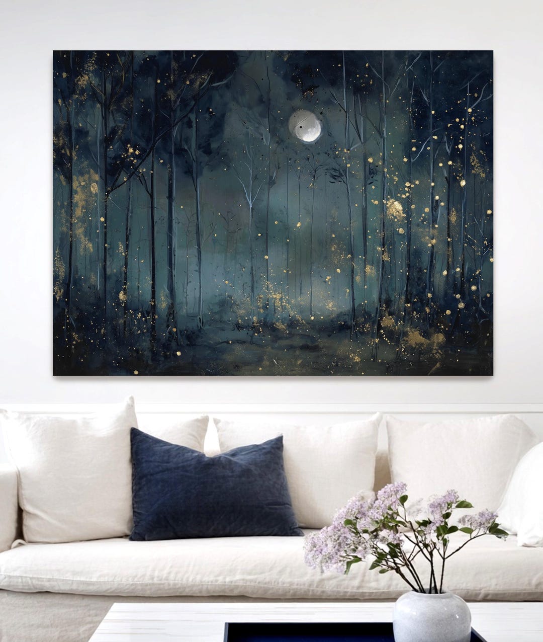Midnight Forest Wall Art Print, Moody Woodland Painting, Dark Nature ...