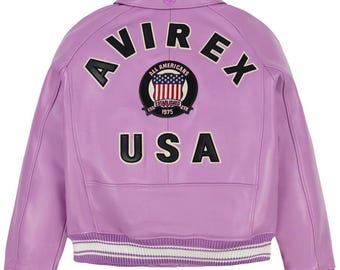 Lavender Avirex USA Leather Jacket, Vintage Style Varsity Bomber jacket for Him