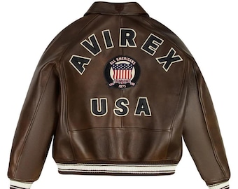Vintage Avirex USA Leather Bomber Jacket, Brown Embroidered Streetwear Jacket For Men