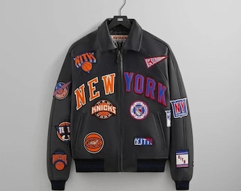 Chaqueta universitaria de cuero Avirex NY Knicks, chaqueta bomber con parche inspirado en KITH, chaqueta unisex