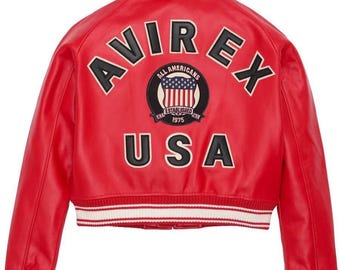 Chaqueta bomber de cuero Avirex roja, estilo aviador clásico, chaqueta urbana retro vintage para ella.