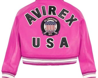New Avirex Pink Leather Bomber Jacket, Classic Aviator Style, retro streetwear Jacket for her