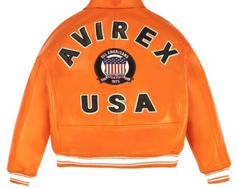 Men's Vintage Orange Avirex Bomber Jacket, 90s Retro Varsity Baseball Jacket,