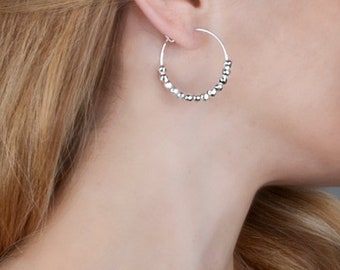 Silver Hoop Earrings: Beaded Dangle Hoops, Bridal Jewelry