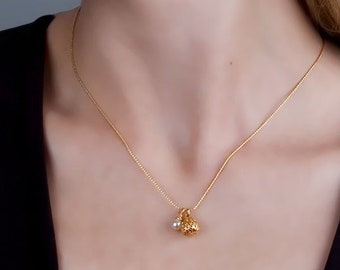 Dainty Gold Pearl Necklace: Filigree Charm, Layering Necklace