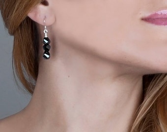 Black Crystal Dangle Earrings: Sterling Silver Ear Wires, Evening Jewelry