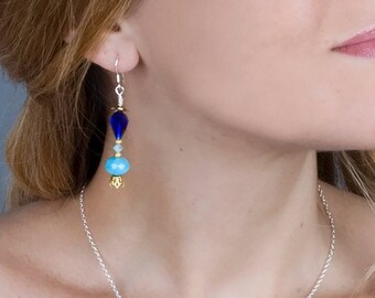 Blue Swarovski Crystal Earrings: Sterling Silver Dangle Boho Jewelry