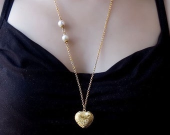 Heart Necklace; Long Gold Necklace; Personalized Jewelry; Layering Necklace; Pearl Jewelry; Simple Bride Jewelry; Bridesmaid Gold Necklace