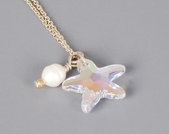 Crystal Necklace, Star Necklace, CZ Necklace, Swarovski Starfish Pendent, Dainty Necklace, Sterling Silver Crystal Necklace, Pearl Jewelry