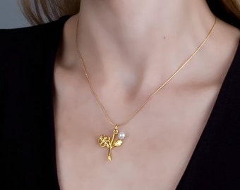 Gold Flower Pearl Necklace: Leaf Charm Bridal Jewelry