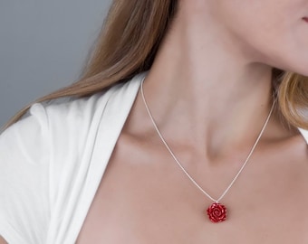 Red Resin Flower Necklace: Sterling Silver Ball Chain, Dainty Pendant