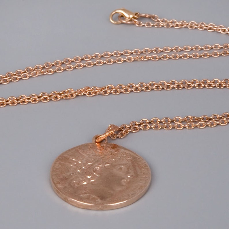 Rose Gold Coin Necklace, Ancient Coin Replica Necklace, Red Gold Necklace, Long Necklace, Everyday Necklace, Large Coin Disc, Roman Jewelry image 3