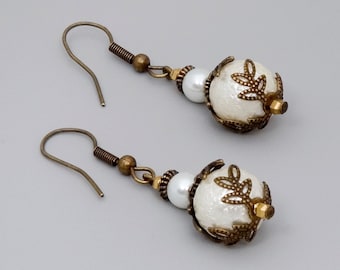 Brass Pearl Dangle Earrings: Antique Style Bridal Jewelry
