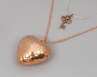 Layered Necklace: Rose Gold Heart, Silver Key Charm