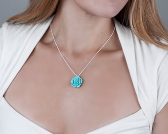 Handmade Turquoise Rose Necklace: Sterling Silver Flower Pendant
