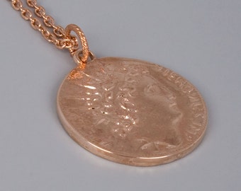Rose Gold Coin Necklace, Ancient Coin Replica Necklace, Red Gold Necklace, Long Necklace, Everyday Necklace, Large Coin Disc, Roman Jewelry