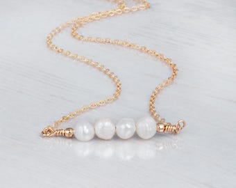 Dainty Pearl Bar Necklace: Rose Gold, Sterling Silver, Gold Filled