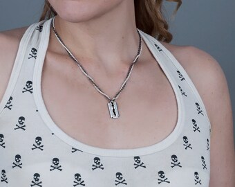 Oxidized Silver Razor Blade Necklace: Layered Chain Pendant