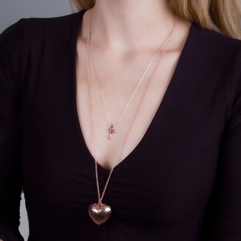 Long Layer Necklace Rose Gold Silver Layer Necklace Heart Necklace Layer Necklace Set Key Charm Layering Necklace image 2