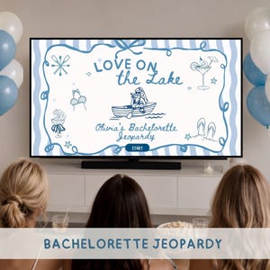 May include: A television screen displaying a digital game titled Love on the Lake, Olivia's Bachelorette Jeopardy. The screen features blue line art illustrations of a boat, a cocktail, and flip-flops on a white background with blue stripes.