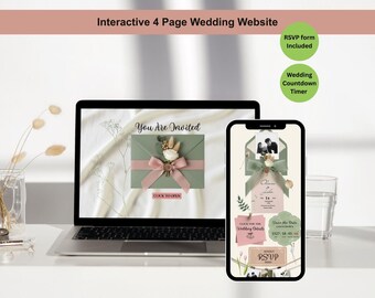 Green and Pink Wedding Website Canva Template with RSVP form and Wedding Itinerary Digital Invitation Save The Date Custom Website