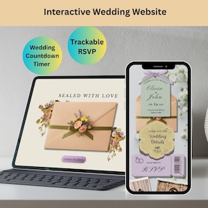 Può includere: Un tablet e uno smartphone che mostrano un sito web di matrimonio interattivo. Il tablet mostra una busta digitale con decorazioni floreali e la scritta "SEALED WITH LOVE". Il telefono mostra i dettagli del matrimonio, le informazioni RSVP e i nomi "Olivia John."