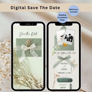 Puede incluir: Dos smartphones que muestran invitaciones de boda digitales. Uno muestra un sobre verde salvia con una cinta blanca y el texto "Save the Date". El otro presenta fotos, un temporizador de cuenta regresiva y el texto "We Are Getting Married!"