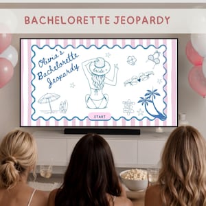 May include: A digital game screen titled Olivia's Bachelorette Jeopardy displayed on a television. The screen features blue line art of a person in a sun hat, beach icons, and a pink start button against a pink and white striped background.