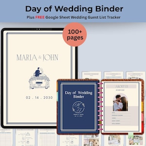 Puede incluir: Un archivador de boda con el texto "Day of Wedding Binder" y "MARIA & JOHN". El archivador incluye un rastreador de lista de invitados de Google Sheet y tiene más de 100 páginas. La portada es azul marino con un borde marrón.