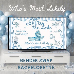 Puede incluir: Una pantalla de juego digital titulada Love on the Lake para una despedida de soltera, con dibujos lineales azules de una persona en un bote, un cóctel y chanclas. La pantalla muestra el texto Who's the Most Likely? y Olivia's Bach Party.