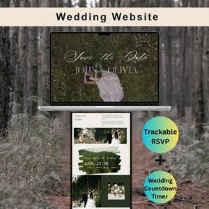 May include: A laptop and smartphone display a wedding website. The laptop screen shows "Save the Date" with names and a date. The smartphone displays a wedding countdown timer and RSVP information. The text "Wedding Website" is at the top.