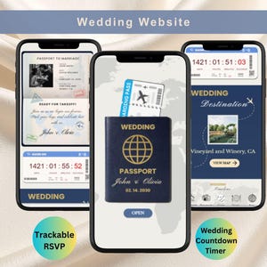 May include: Three smartphones showcasing wedding website features. One displays a passport, boarding pass, and the word "Wedding." Another shows a countdown timer. The third shows a wedding destination with a map. Text includes "Trackable RSVP" and "Wedding Countdown Timer."