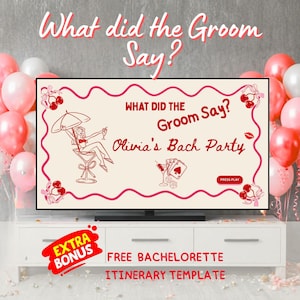 Puede incluir: Una pantalla de televisión muestra un juego titulado What did the Groom Say? para Olivia's Bach Party, con dibujos lineales rojos de una persona en una copa de martini, cartas de juego y cerezas, rodeada de globos rosas y blancos.