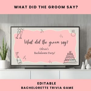 Puede incluir: Una pantalla de televisión muestra un juego de preguntas y respuestas para una despedida de soltera en rosa. El texto dice "¿Qué dijo el novio?" con ilustraciones de copas de champán, un anillo, una tarta y una botella de champán. También se ven las palabras "Olivia's Bachelorette Party!"