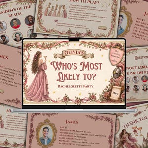 May include: A laptop screen displaying a digital bachelorette party game titled Olivia's Who's Most Likely To? featuring a pink-gowned figure, floral borders, a knight's helmet, and a scroll icon, surrounded by multiple game card slides.