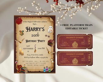 Editable Wizardry Birthday Party Invitation and Train Ticket Wizards and Witches Birthday Invite Magical School Printable Birthday Invite