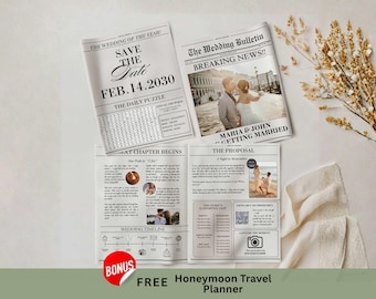 Wedding Newspaper Program Printable Wedding Invitation Save the Date Engagement Announcement Newlywed Times Canva Template