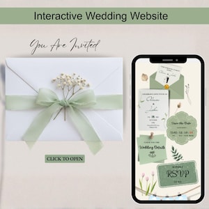 May include: A wedding website concept featuring a white envelope with a sage green ribbon and floral detail. A smartphone shows wedding details, including RSVP information and a save-the-date card. Text includes "Interactive Wedding Website" and "You Are Invited."