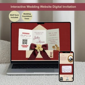 May include: A laptop and smartphone showing an interactive wedding website digital invitation. The laptop screen displays a tri-fold invitation with names John and Maria, a QR code, and the date. The smartphone mirrors the design.