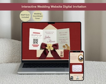 Burgundy and Beige Old Money Wedding Website Canva Template Digital Wedding Invitation with Countdown Timer RSVP Save The Dates