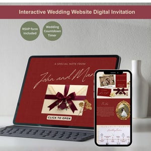 May include: A digital wedding invitation displayed on a tablet and smartphone. The tablet shows a burgundy background with a cream envelope and a burgundy bow. The smartphone displays a similar design. Text includes "Interactive Wedding Website Digital Invitation".