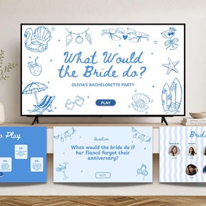 May include: A digital bachelorette party game displayed on a television screen with blue line art illustrations of beach items, text reading What Would the Bride do? Olivia's Bachelorette Party, and additional slides showing How To Play, a question, and the Bridal Crew.