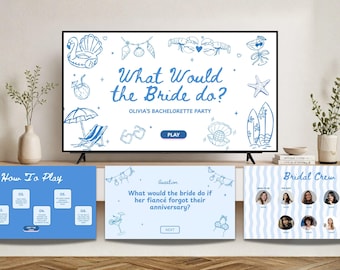 May include: A digital bachelorette party game displayed on a television screen with blue line art illustrations of beach items, text reading What Would the Bride do? Olivia's Bachelorette Party, and additional slides showing How To Play, a question, and the Bridal Crew.