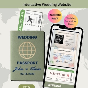 Op de afbeelding: Concept voor een interactieve trouwwebsite. De afbeelding toont een groene paspoort met de tekst 'Wedding Passport' en een wereldbol. Een smartphone toont een digitale boarding pass en een bruiloft aftelklok. De tekst 'Interactive Wedding Website' staat bovenaan.