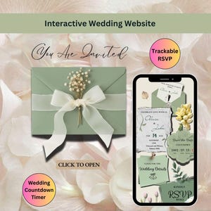 Plantilla de sitio web de boda floral verde salvia con RSVP, reserva de fecha, cuenta regresiva para la boda e itinerario, invitación de boda digital