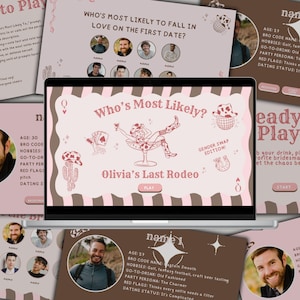 Może przedstawiać: Ekran laptopa wyświetlający cyfrową grę imprezową zatytułowaną Who's Most Likely? Olivia's Last Rodeo, z różowo-brązową grafiką przedstawiającą osobę w kieliszku do martini, kowbojskie kapelusze i karty do gry, otoczoną różnymi szablonami.
