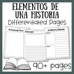 May include: Educational resource with the title "ELEMENTOS DE UNA HISTORIA" and "Differentiated Pages". The image shows three worksheets with prompts for writing and drawing, plus an illustration of an open book. The text indicates "90+ pages".